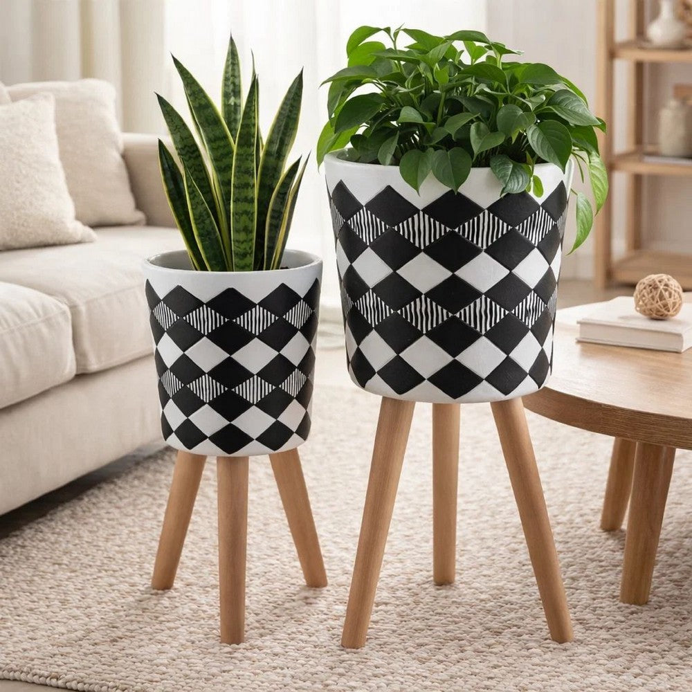 Planter on Tripod Stand Set of 2 | Black White Diamond Pattern 10/12"