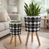 Planter on Tripod Stand Set of 2 | Black White Diamond Pattern 10/12"