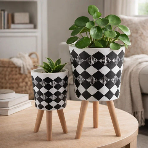 Planter on Tripod Stand Set of 2 | Black White Diamond Pattern 10/12"
