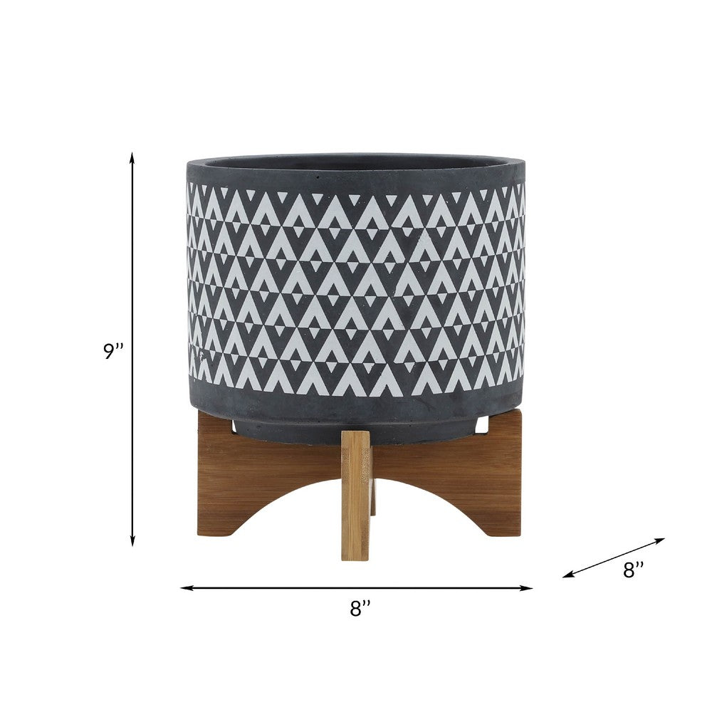 Jeny Flower Planter Pot on Stand | Gray & White Aztec Ceramic 8"