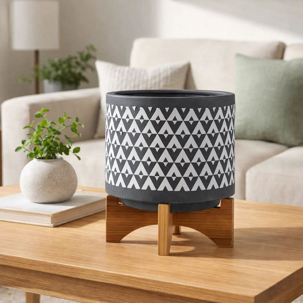 Jeny Flower Planter Pot on Stand | Gray & White Aztec Ceramic 8"
