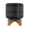 Jeny Flower Planter Pot on Wood Stand | Black Aztec Ceramic 8"