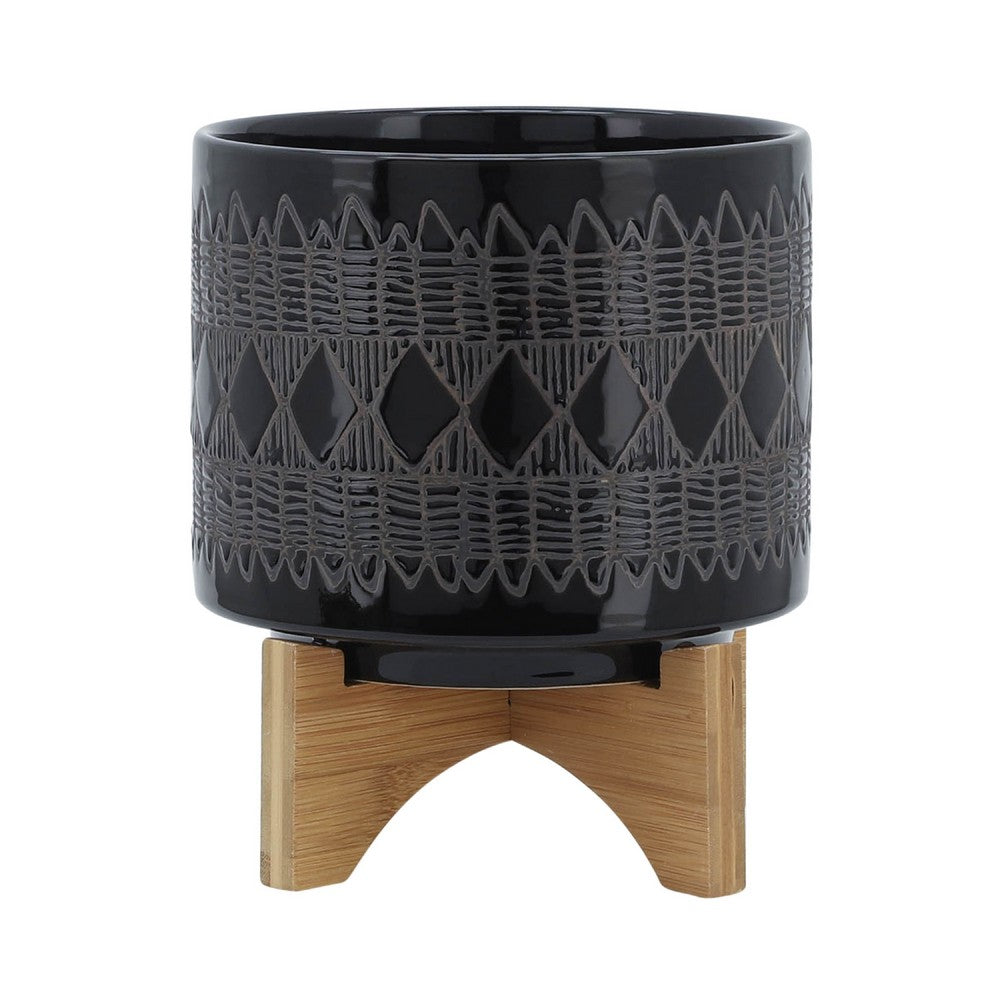 Jeny Flower Planter Pot on Wood Stand | Black Aztec Ceramic 8"