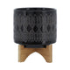 Jeny Flower Planter Pot on Wood Stand | Black Aztec Ceramic 8"