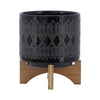 Jeny Flower Planter Pot on Wood Stand | Black Aztec Ceramic 8"