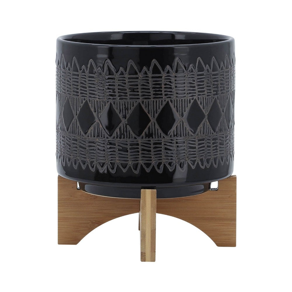 Jeny Flower Planter Pot on Wood Stand | Black Aztec Ceramic 8"