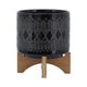 Jeny Flower Planter Pot on Wood Stand | Black Aztec Ceramic 8"