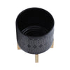 Jeny Flower Planter Pot on Wood Stand | Black Aztec Ceramic 8"