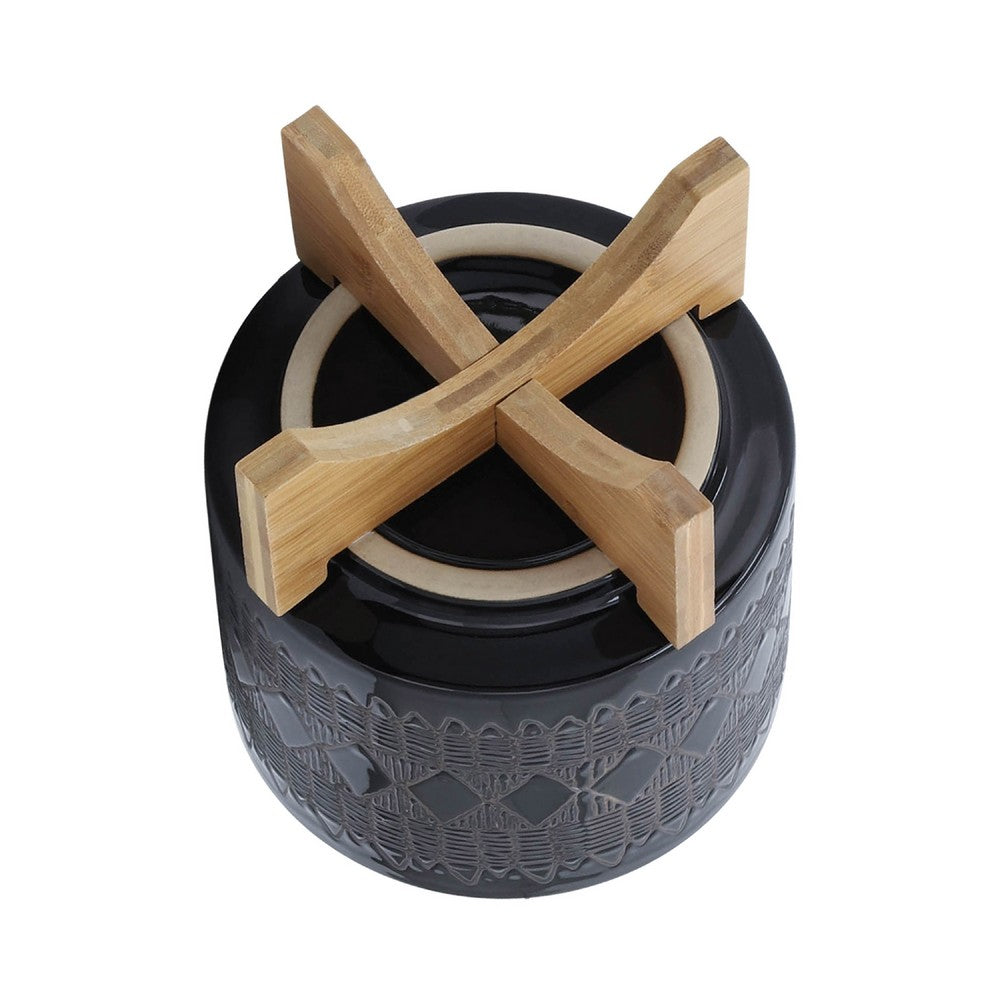 Jeny Flower Planter Pot on Wood Stand | Black Aztec Ceramic 8"