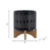 Jeny Flower Planter Pot on Wood Stand | Black Aztec Ceramic 8"