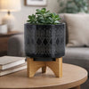 Jeny Flower Planter Pot on Wood Stand | Black Aztec Ceramic 8"