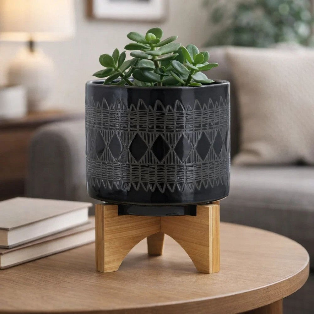 Jeny Flower Planter Pot on Wood Stand | Black Aztec Ceramic 8"