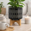 Jeny Flower Planter Pot on Wood Stand | Black Aztec Ceramic 8"