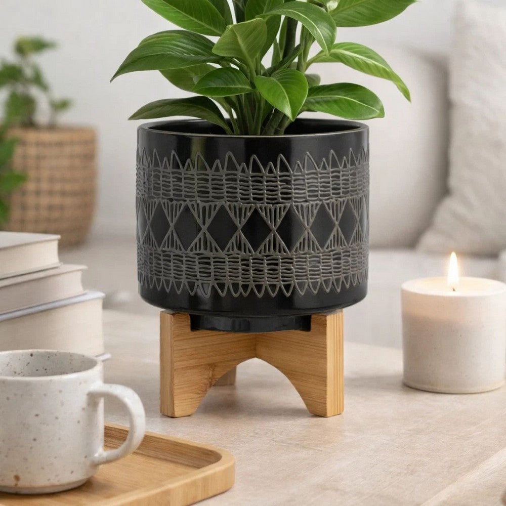 Jeny Flower Planter Pot on Wood Stand | Black Aztec Ceramic 8"