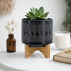 Jeny Flower Planter Pot on Wood Stand | Black Aztec Ceramic 8"