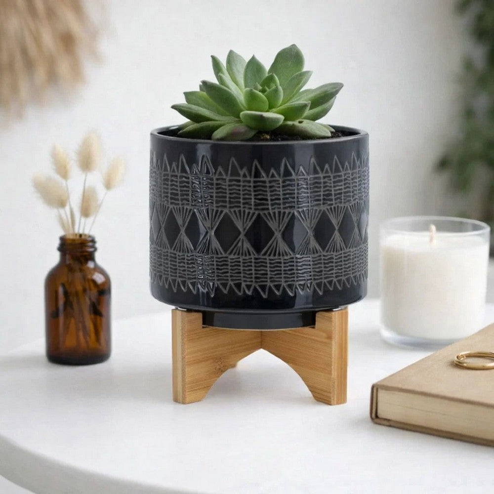 Jeny Flower Planter Pot on Wood Stand | Black Aztec Ceramic 8"