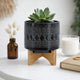Jeny Flower Planter Pot on Wood Stand | Black Aztec Ceramic 8"
