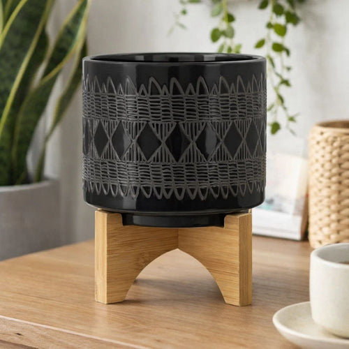 Jeny Flower Planter Pot on Wood Stand | Black Aztec Ceramic 8"