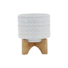 Jeny Flower Planter Pot on Wood Stand | White Tribal Ceramic | 5"