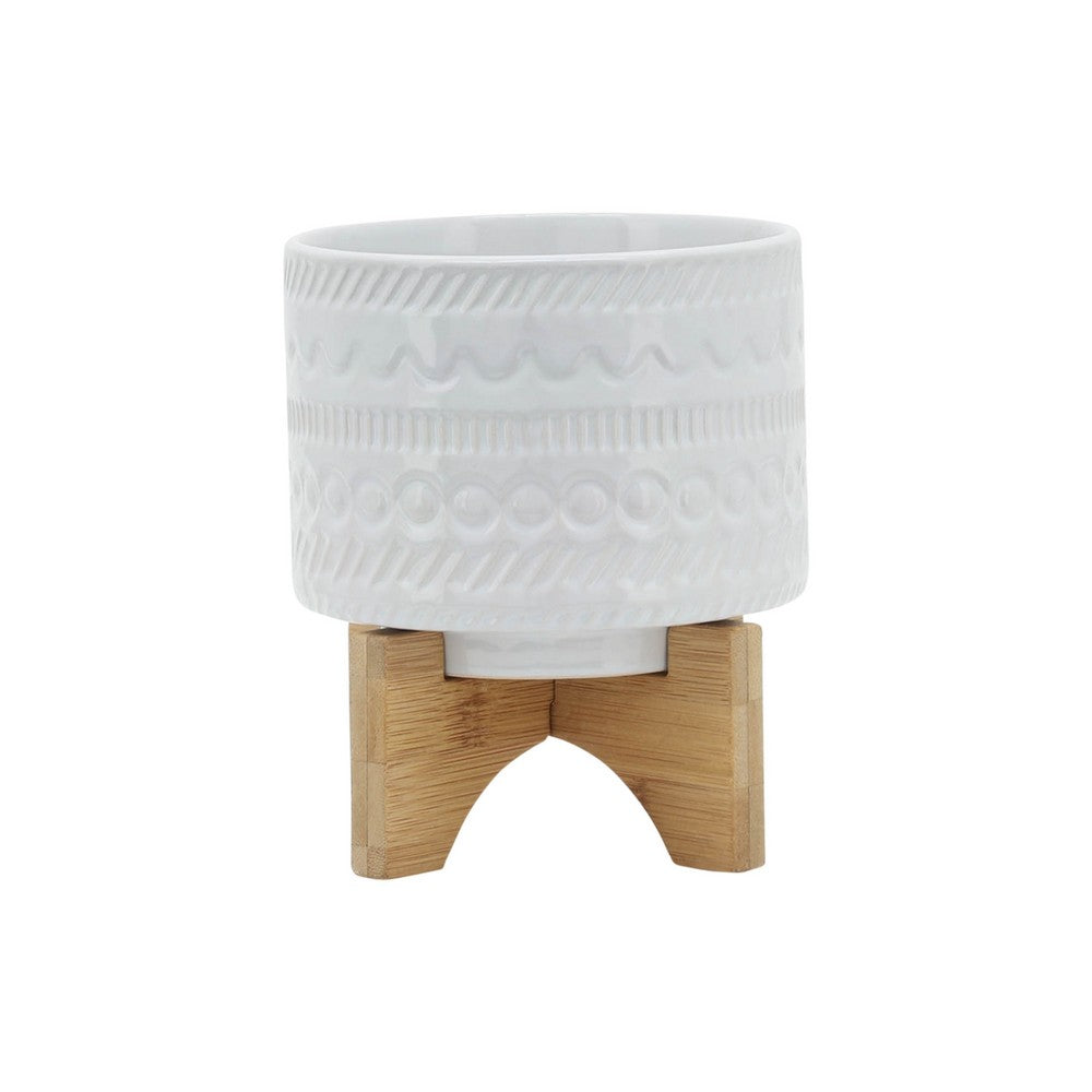 Jeny Flower Planter Pot on Wood Stand | White Tribal Ceramic | 5"