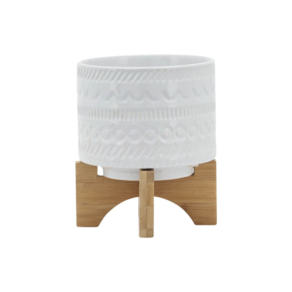 Jeny Flower Planter Pot on Wood Stand | White Tribal Ceramic | 5"