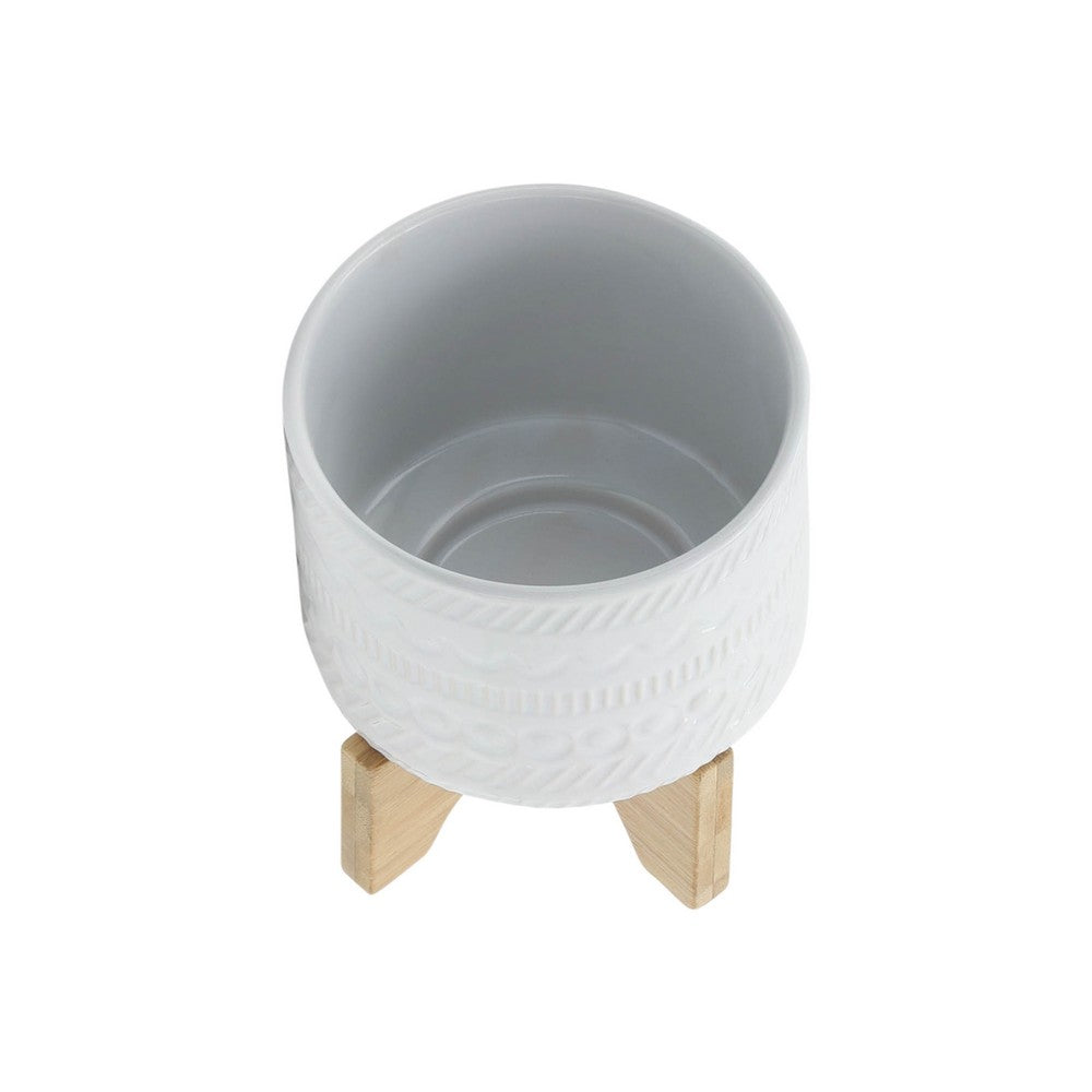 Jeny Flower Planter Pot on Wood Stand | White Tribal Ceramic | 5"