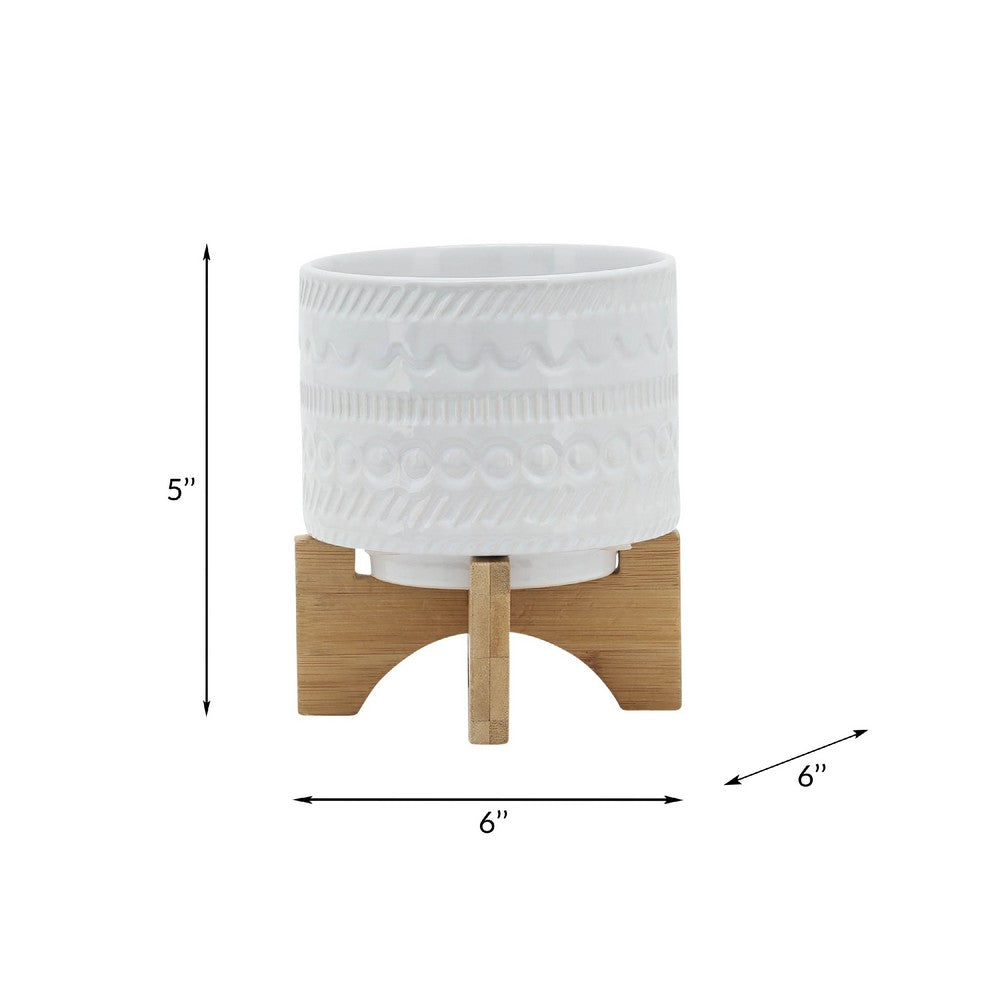 Jeny Flower Planter Pot on Wood Stand | White Tribal Ceramic | 5"