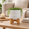 Jeny Flower Planter Pot on Wood Stand | White Tribal Ceramic | 5"