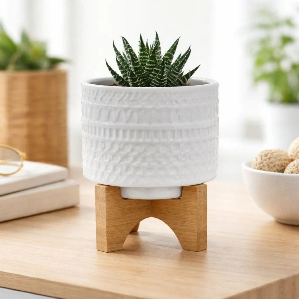 Jeny Flower Planter Pot on Wood Stand | White Tribal Ceramic | 5"
