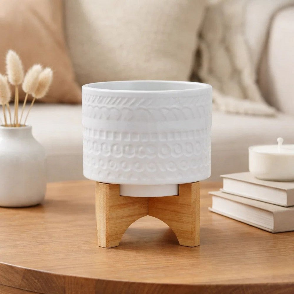 Jeny Flower Planter Pot on Wood Stand | White Tribal Ceramic | 5"