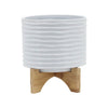 Jeny Flower Planter Pot on Wood Stand | White Textured Ceramic 8"