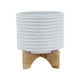 Jeny Flower Planter Pot on Wood Stand | White Textured Ceramic 8"