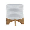 Jeny Flower Planter Pot on Wood Stand | White Textured Ceramic 8"