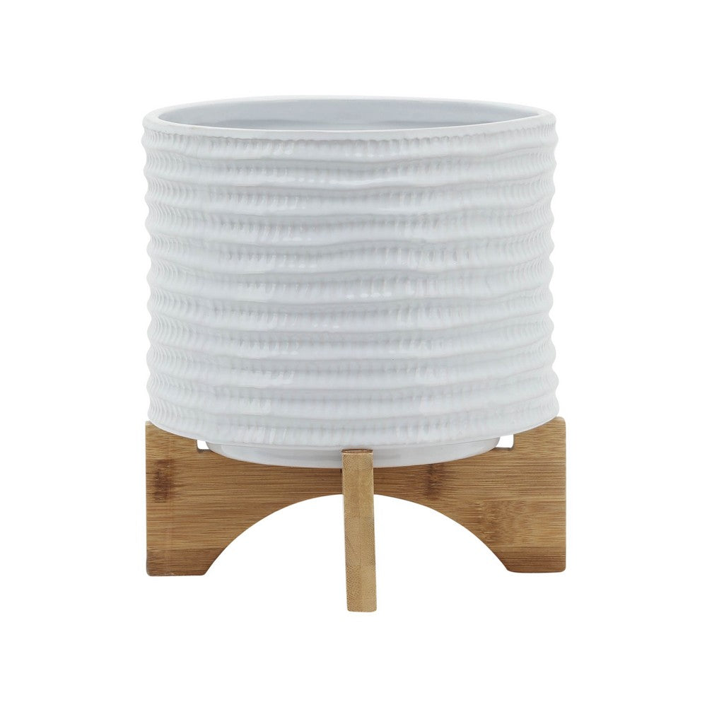 Jeny Flower Planter Pot on Wood Stand | White Textured Ceramic 8"