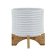 Jeny Flower Planter Pot on Wood Stand | White Textured Ceramic 8"