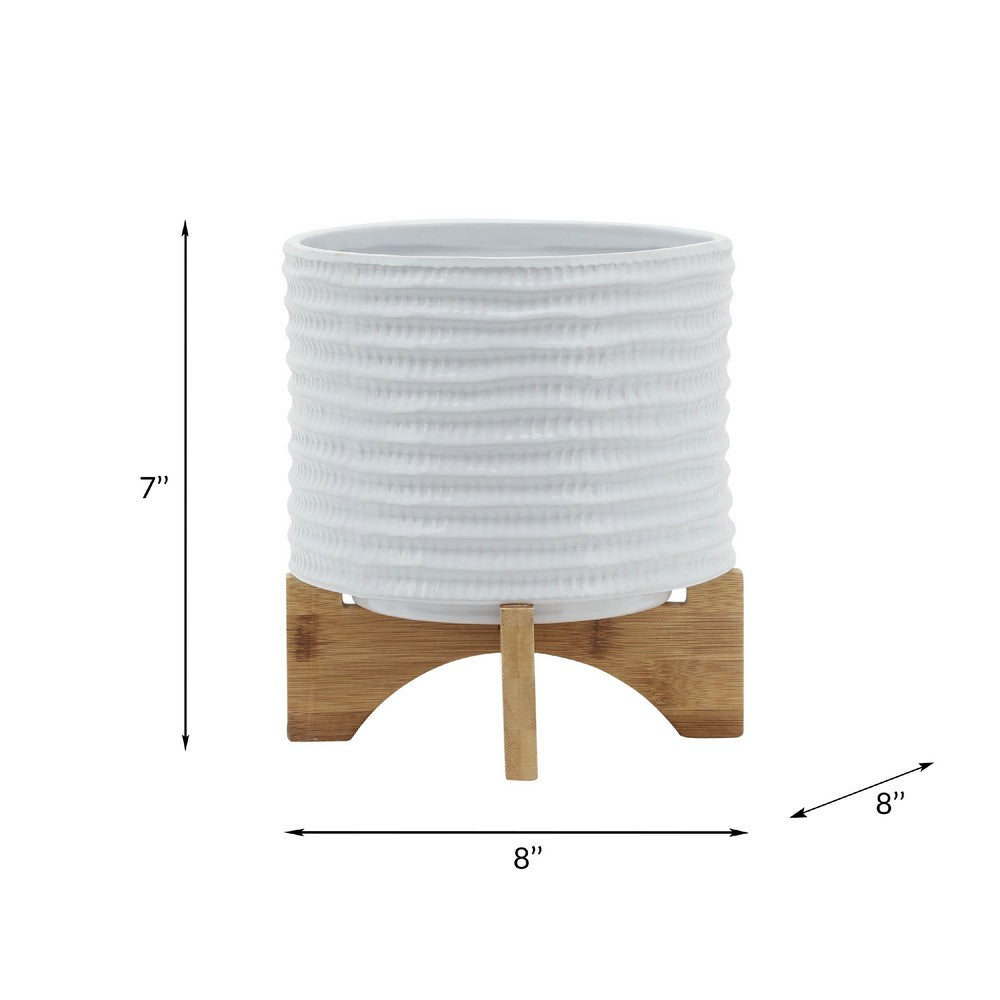 Jeny Flower Planter Pot on Wood Stand | White Textured Ceramic 8"