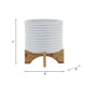 Jeny Flower Planter Pot on Wood Stand | White Textured Ceramic 8"