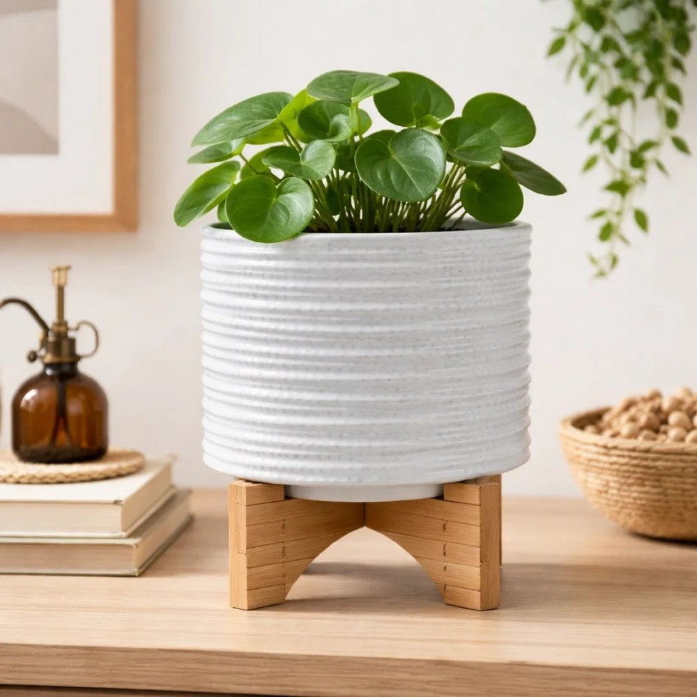 Jeny Flower Planter Pot on Wood Stand | White Textured Ceramic 8"