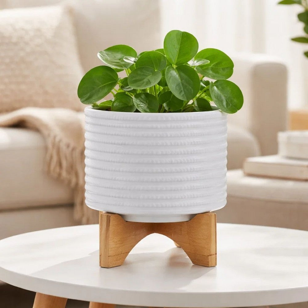 Jeny Flower Planter Pot on Wood Stand | White Textured Ceramic 8"