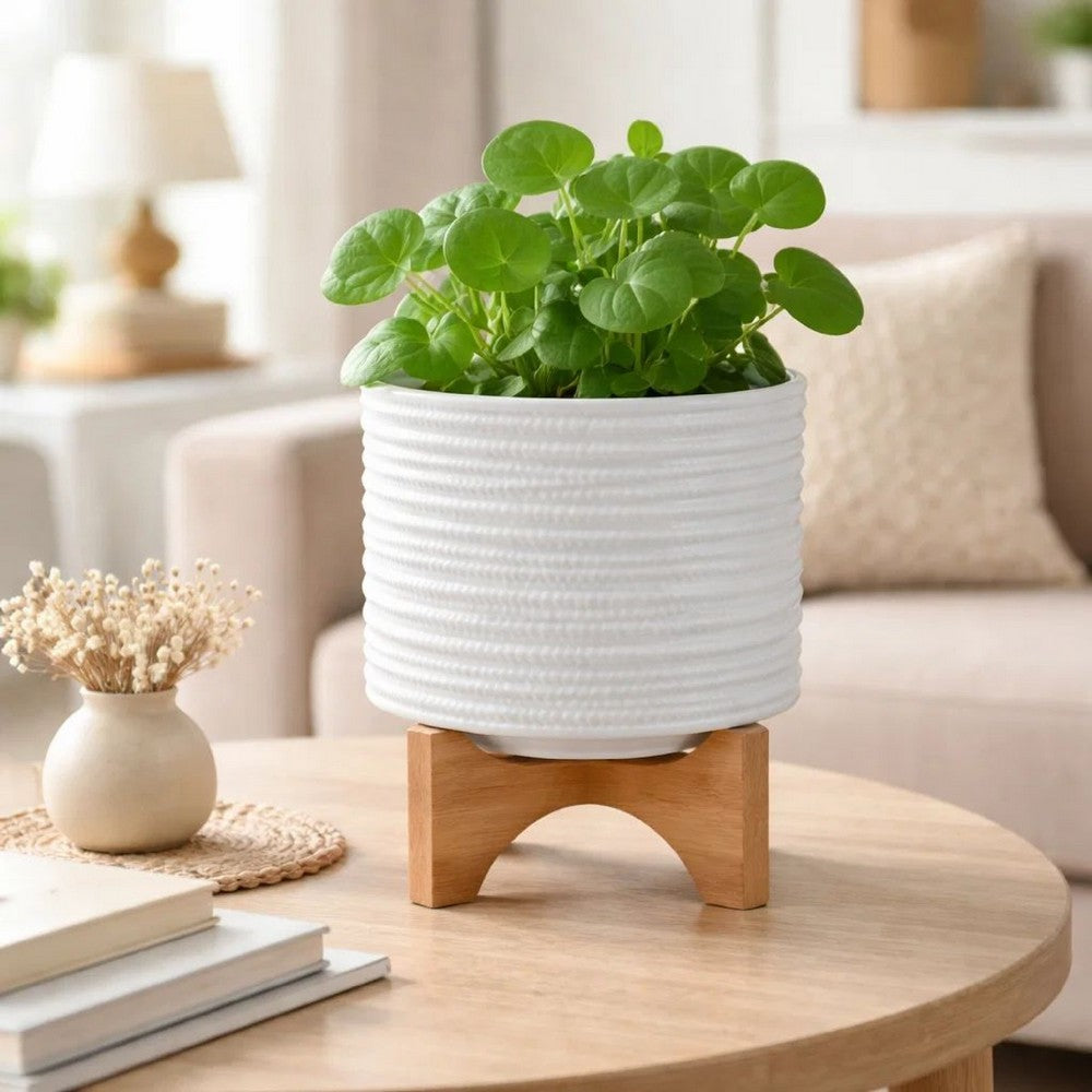 Jeny Flower Planter Pot on Wood Stand | White Textured Ceramic 8"