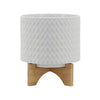 Jeny Flower Planter Pot on Wood Stand | White Chevron Ceramic 8"
