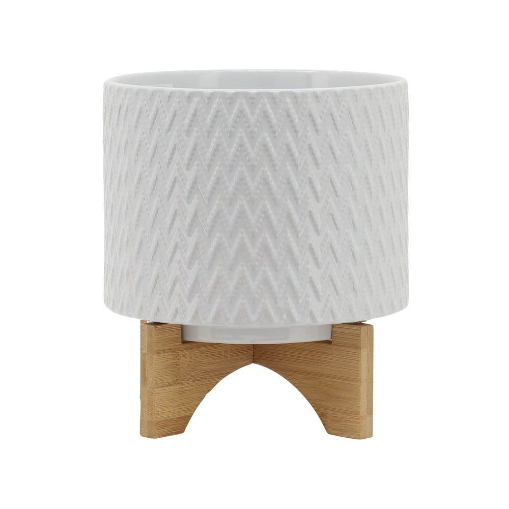 Jeny Flower Planter Pot on Wood Stand | White Chevron Ceramic 8"