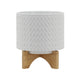 Jeny Flower Planter Pot on Wood Stand | White Chevron Ceramic 8"