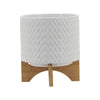 Jeny Flower Planter Pot on Wood Stand | White Chevron Ceramic 8"