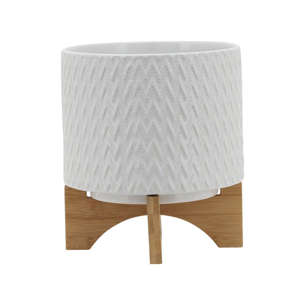 Jeny Flower Planter Pot on Wood Stand | White Chevron Ceramic 8"