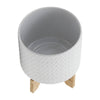 Jeny Flower Planter Pot on Wood Stand | White Chevron Ceramic 8"