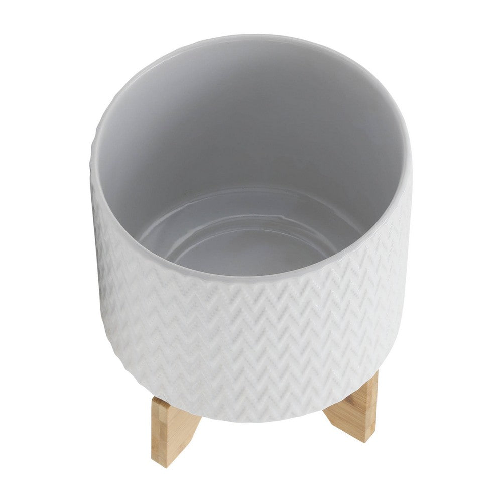Jeny Flower Planter Pot on Wood Stand | White Chevron Ceramic 8"