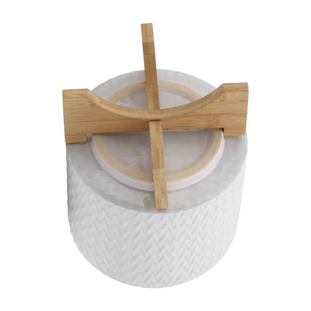 Jeny Flower Planter Pot on Wood Stand | White Chevron Ceramic 8"