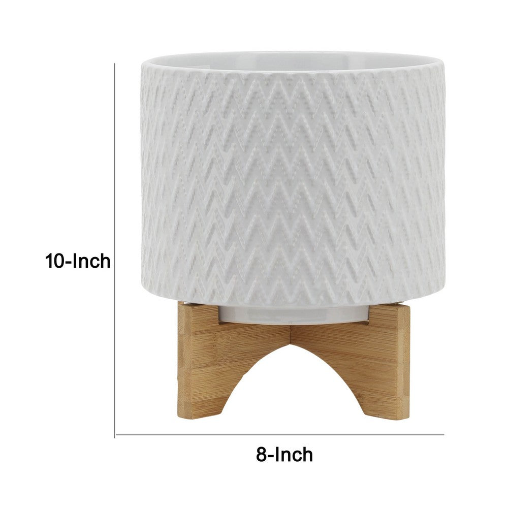 Jeny Flower Planter Pot on Wood Stand | White Chevron Ceramic 8"