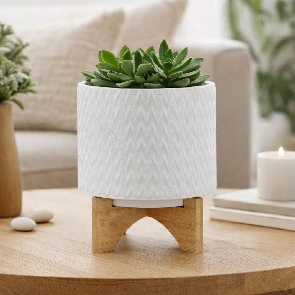 Jeny Flower Planter Pot on Wood Stand | White Chevron Ceramic 8"